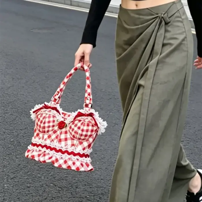 Sac à main vintage en cuir PU à carreaux avec dentelle florale et motif rose