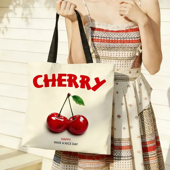 Sac fourre-tout en toile à imprimé cerises – Base crème minimaliste avec inscription « CHERRY » rouge vif et graphique