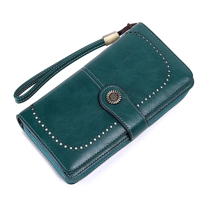 Pochette portefeuille longue en cuir PU perforé Vintage