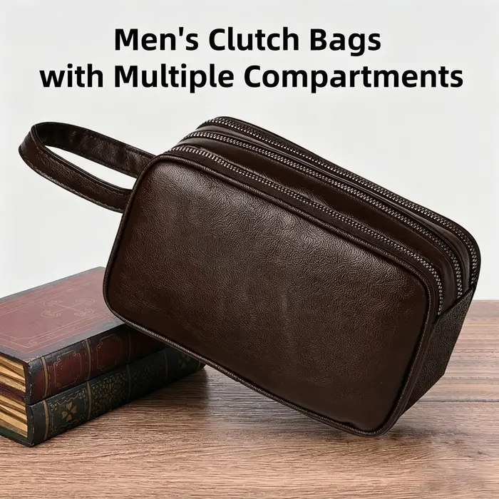 Pochette en cuir PU pour homme avec sangle de poignet, sac à main à fermeture éclair multi-compartim