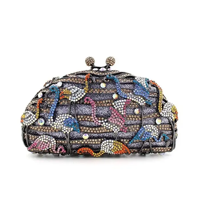 Pochette de soirée élégante bleu lac avec embellissement en strass cristal flamant rose pour sac de fête ou de mariage