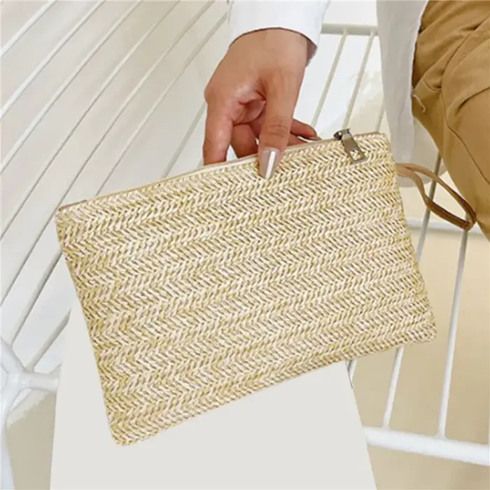 Pochette pour femmes sac à dos fait à la main mode dames bracelet fille téléphone solide paille tissé porte-monnaie plage portefeuille frais doux