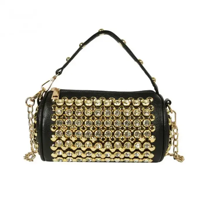 Sac à main cylindrique léger de luxe et de mode avec rivets en métal cloutés en diamant
