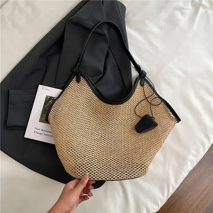 Sac à main en paille tissé à la main pour femme, cuir de qualité, sacs initiés, fourre-tout de plage