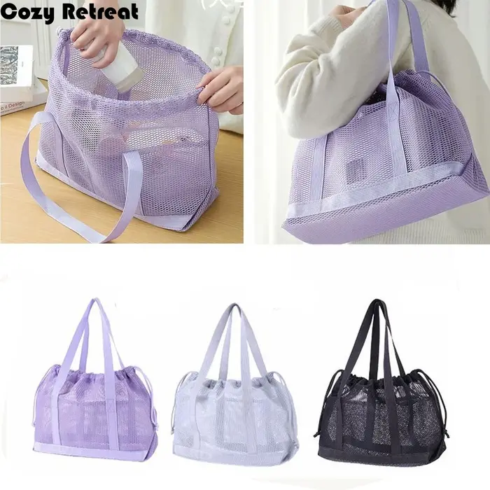 Sac de plage pliable en maille avec cordon de serrage