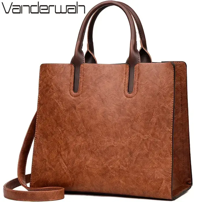 Vintage huile peau cuir grand fourre-tout décontracté femmes sacs de haute qualité