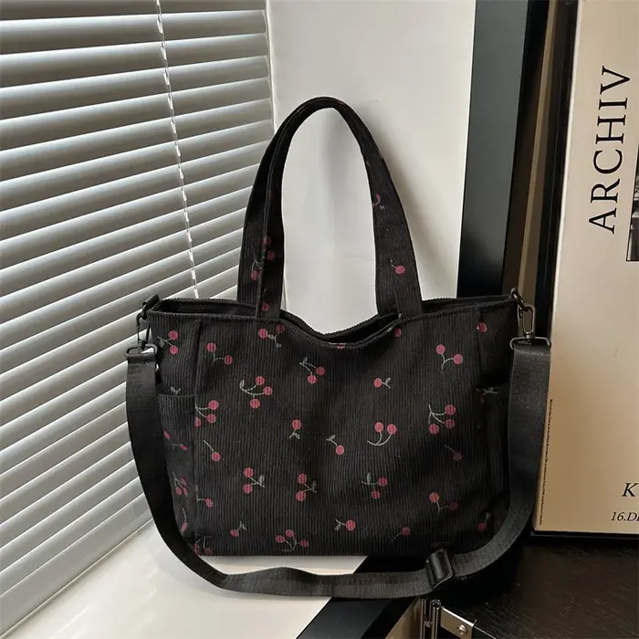 Sac à bandoulière chic en velours côtelé à imprimé cerises avec sangle réglable