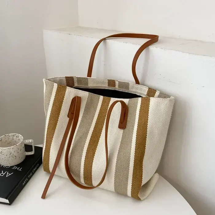 Raphia-Sac à Main en Toile à Rayures pour Femme, Sacoche de Rangement à Bandoulière Décontractée, Fo