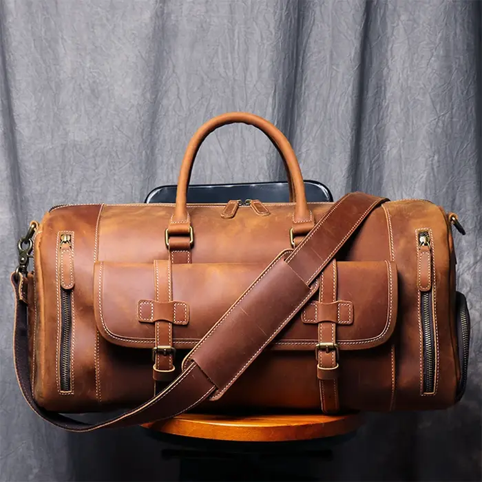 MUNUKI Vintage Crazy Horse sac de voyage en cuir véritable grand sac à bagages hommes sac de sport