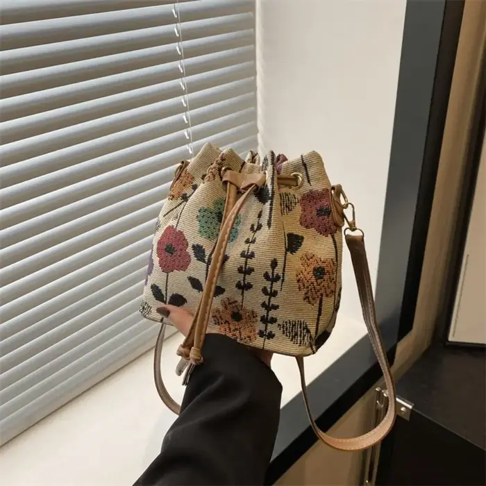 Sac à main en tissu de lin pour femme, sac à bandoulière floral, style ethnique, mode, E27