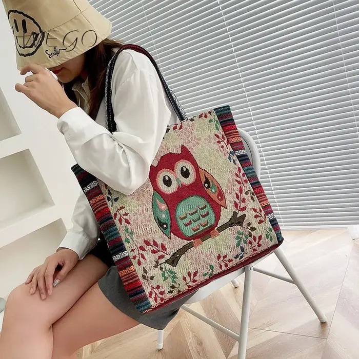 Nouveau sac à main hibou mode femme tissu brodé personnalisé Shopping grande capacité une épaule sac