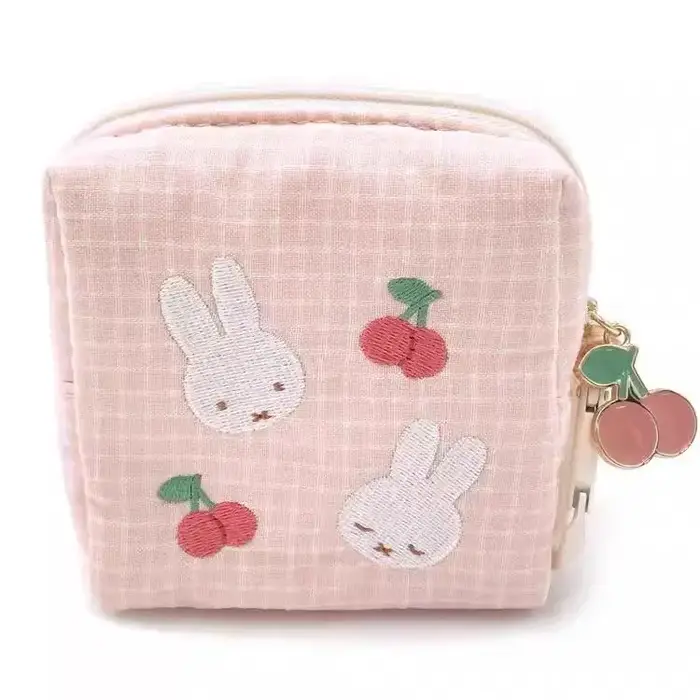 Pochette carrée à fermeture éclair Kawaii Miffy, petite pochette de rangement en tissu à carreaux br