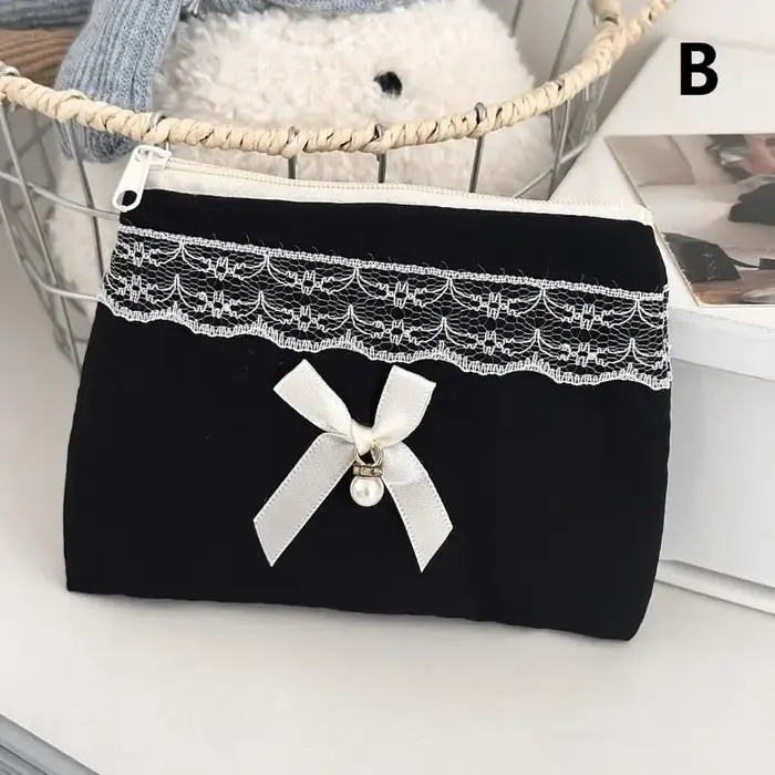 Trousse de maquillage noire en dentelle avec nœud, grande capacité, trousse de toilette, organiseur
