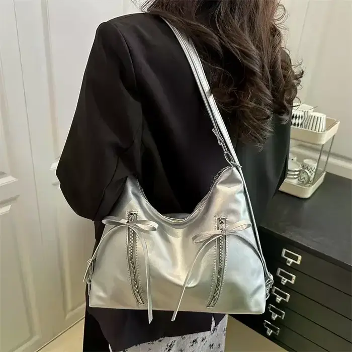 Sac fourre-tout rétro en cuir souple grande capacité avec nœud – Sac à bandoulière décontracté tendance pour femme
