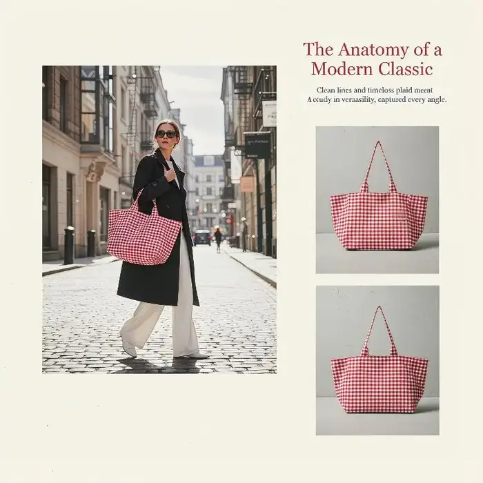 Sac fourre-tout en toile à carreaux avec motif