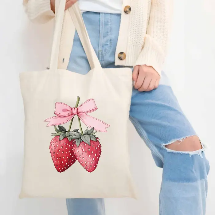 Sac fourre-tout en coton imprimé fraise crème avec nœud rose pour un usage quotidien et un shopping