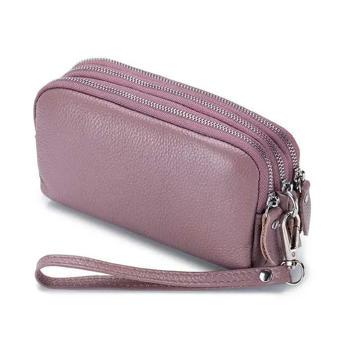 Femmes Long portefeuille en cuir véritable 3 couches fermeture éclair sac à main grande capacité bracelet pochette