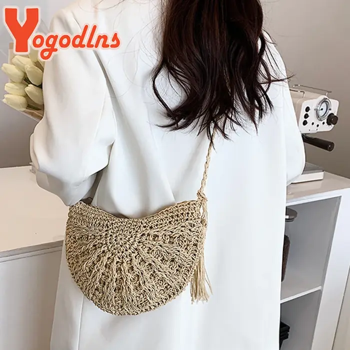 Yogodlns nouveaux sacs de paille demi-ronds pour les femmes été plage sac en rotin tissé à la main demi-lune