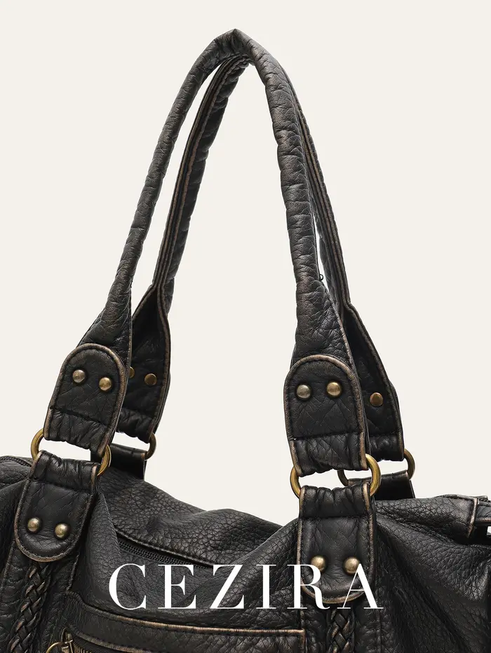 Vintage lavé en cuir PU grande capacité fourre-tout poches zippées tresse décor épaule sac à bandoulière unisexe femmes voyage quotidien sac à main