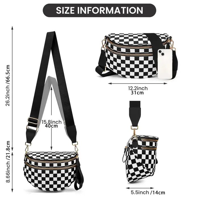 DOYOGI noir et blanc à carreaux spacieux Bum sac sacs à bandoulière pour femmes en Nylon essentiels de voyage sac de