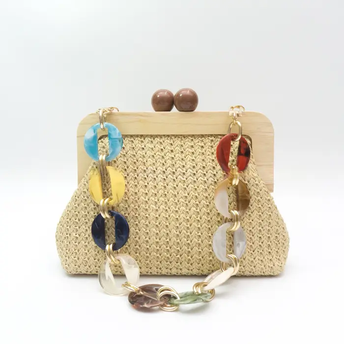 Sac de soirée élégant pour femme en paille avec cadre en bois et chaîne en acrylique