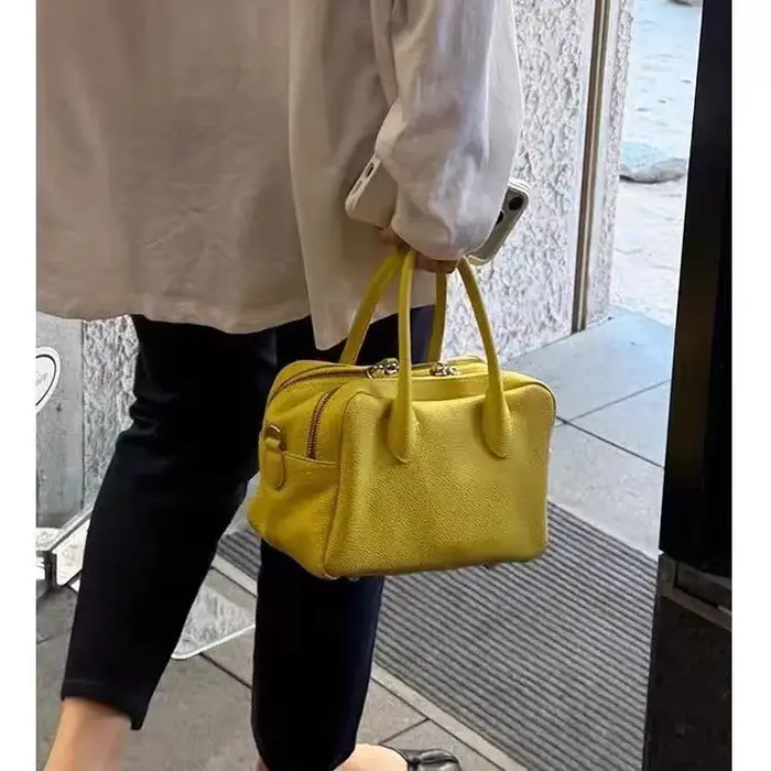 Sac bowling jaune grain litchi été 2026 – Sac à main élégant et polyvalent pour femme