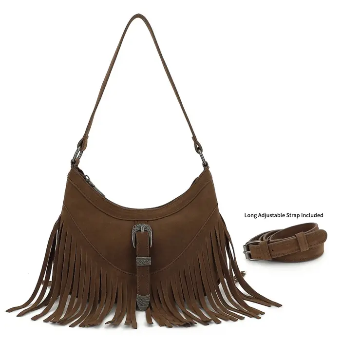 Sac à franges en faux daim pour femmes, sac à bandoulière bohème avec 2 sangles, sac à main marron, 