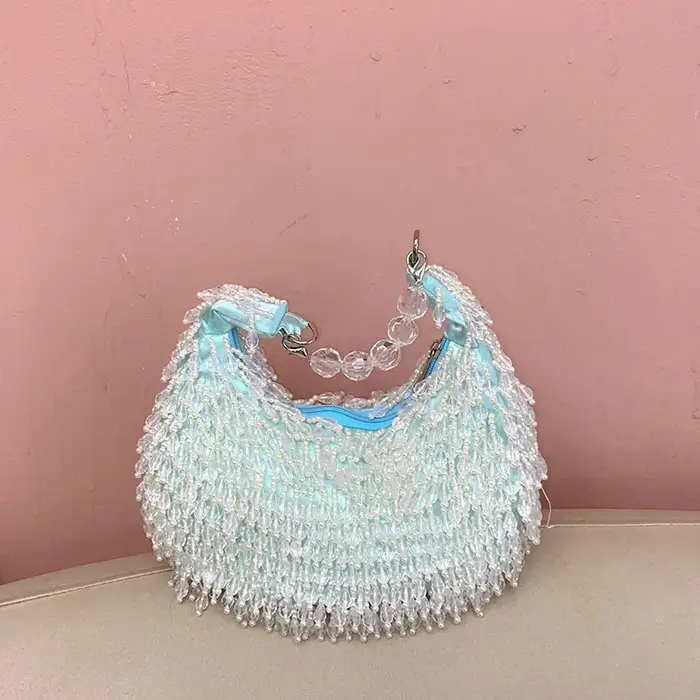 Été frais doux bleu clair à la main perlé frange Design élégant dame dîner sac Chic robe de soirée sac