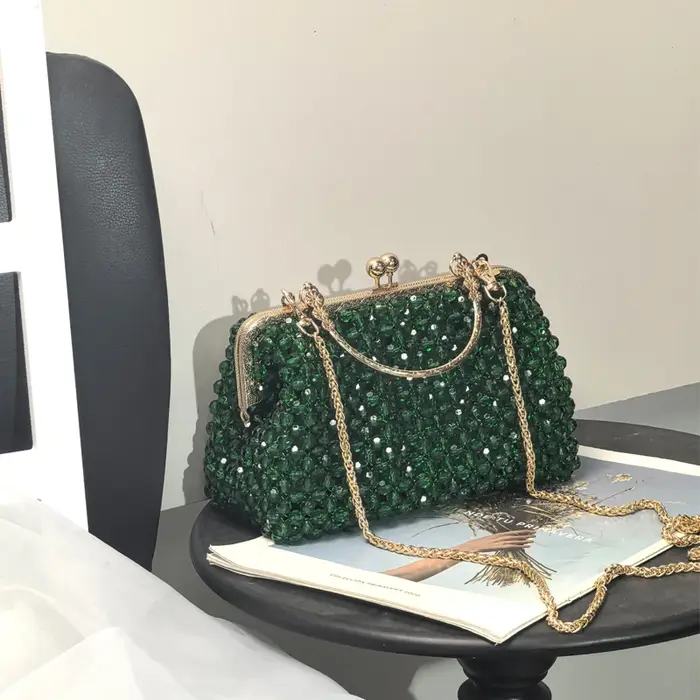 Pochette perlée faite à la main vert émeraude | Sac