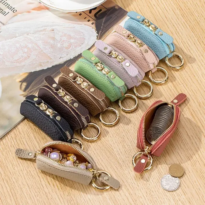 Mini porte-monnaie en cuir véritable avec fermeture éclair
