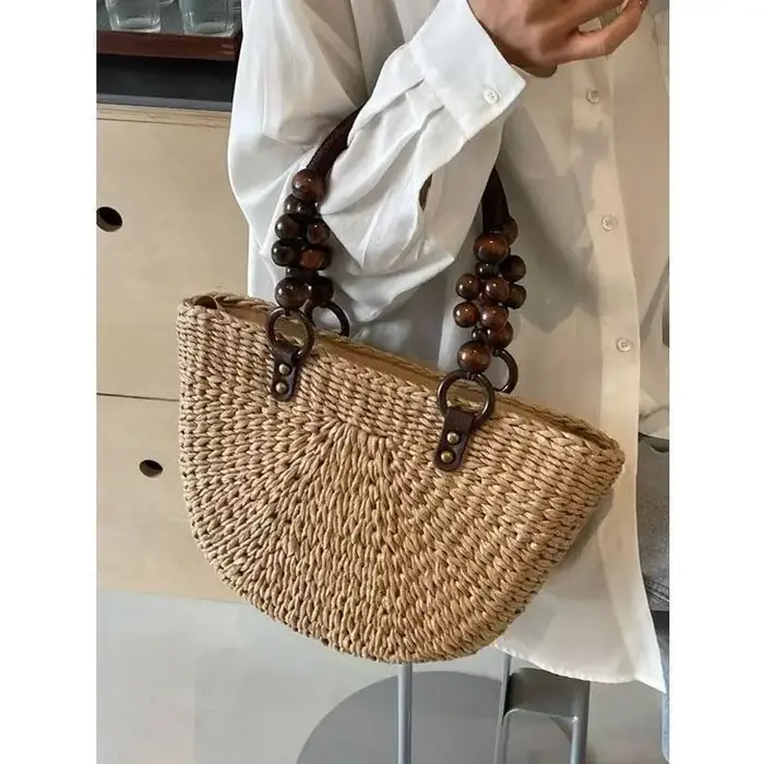 Sac tissé à la main avec poignée en perles de bois, sac fourre-tout grande capacité pour femme, sac de plage pour les vacances