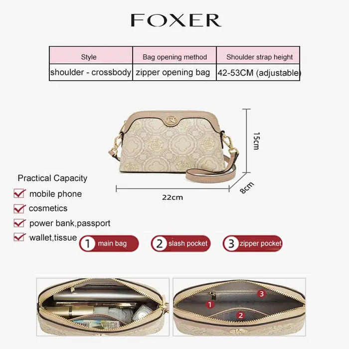 Sac à bandoulière brodé de style chinois FOXER pour femme, nouvelle collection 2026, grand sac à mai