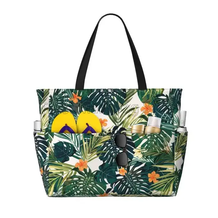 Sac de plage à feuilles et fleurs vertes tropicales pour femmes, fourre-tout de voyage avec poches, 