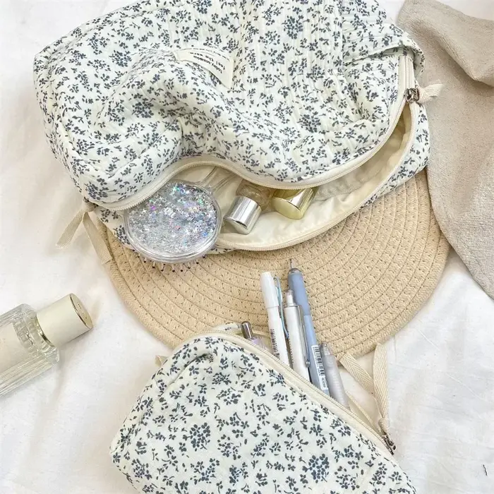 Sac à cosmétiques à fleurs bleues de grande capacité