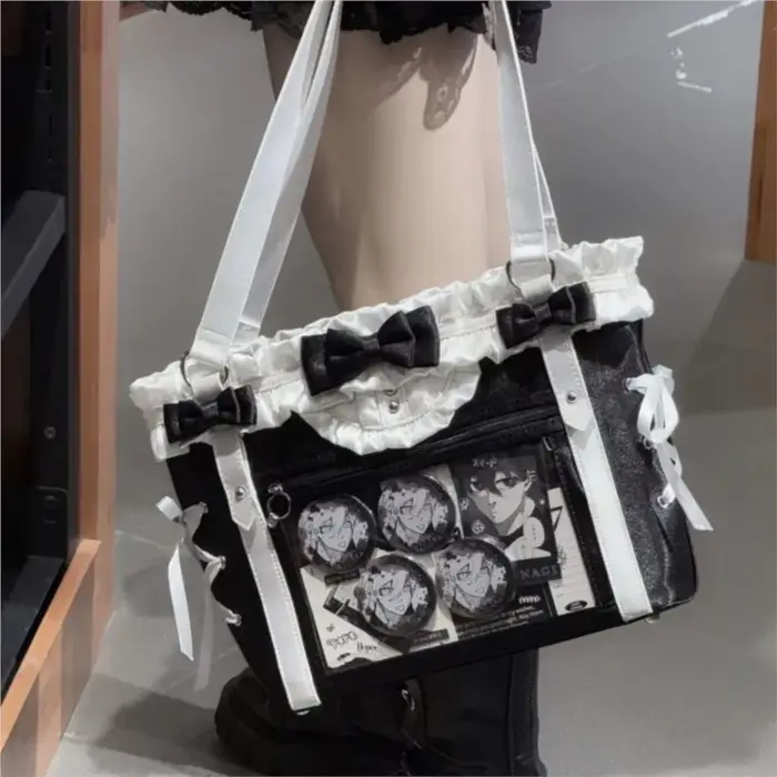 JIAERDI Lolita mignon arc sac à bandoulière dames Harajuku cuir carré grande capacité Ita sac Anime poignée sac à main Y2K sac fourre-tout 2025