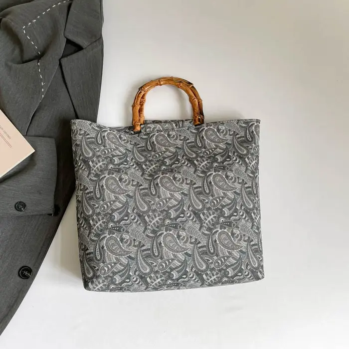 Sac à main bohème à imprimé floral, poignée en bambou naturel, sac fourre-tout pour femme, sac de pl