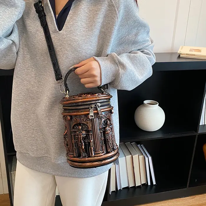 Sac seau mini vintage en PU à relief 3D pour femme