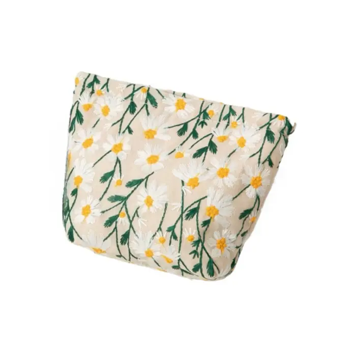 Petite trousse de maquillage brodée motif marguerite, trousse de toilette en toile, organiseur de vo