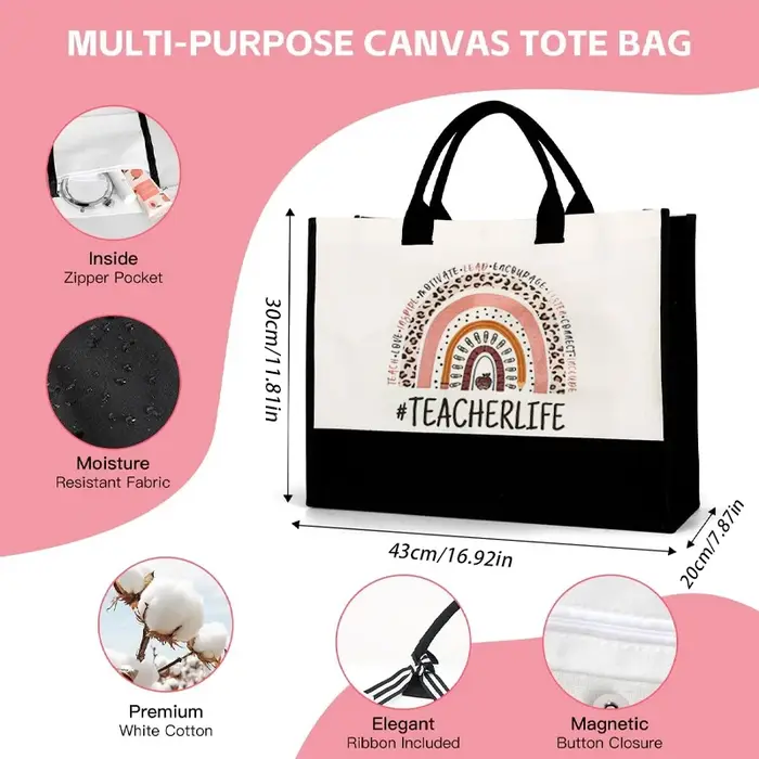 Sac fourre-tout en toile noir et blanc avec sangles