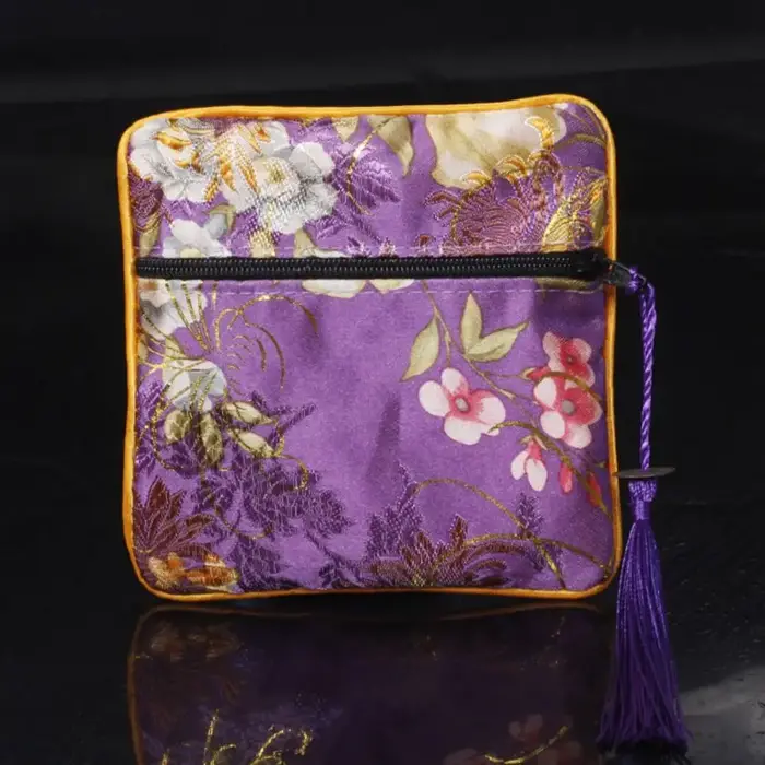 Pochette à monnaie brodée en tissu, motif floral, avec pendentif en cuivre, sac de rangement pour bijoux, sac à bracelets, pochette cadeau, pochette à monnaie de style chinois