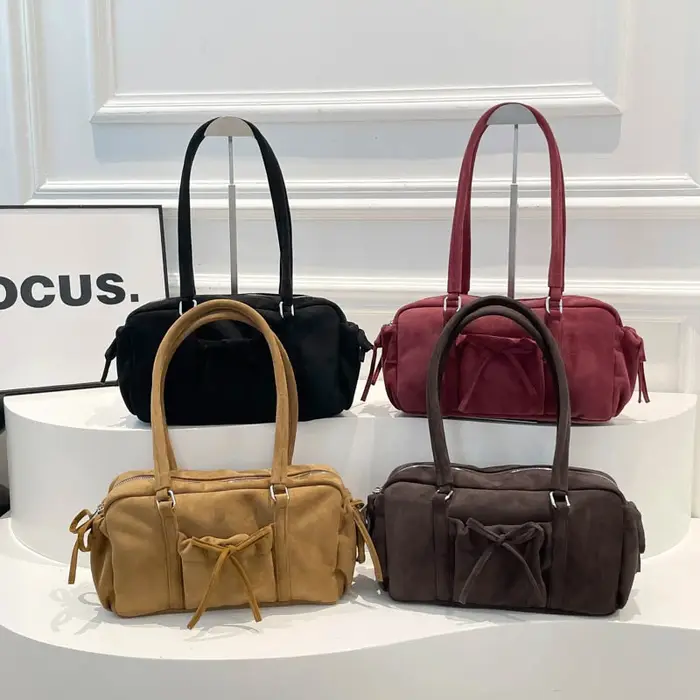 Faux daim couleur unie couture sacs à bandoulière nœud grande capacité déplacements