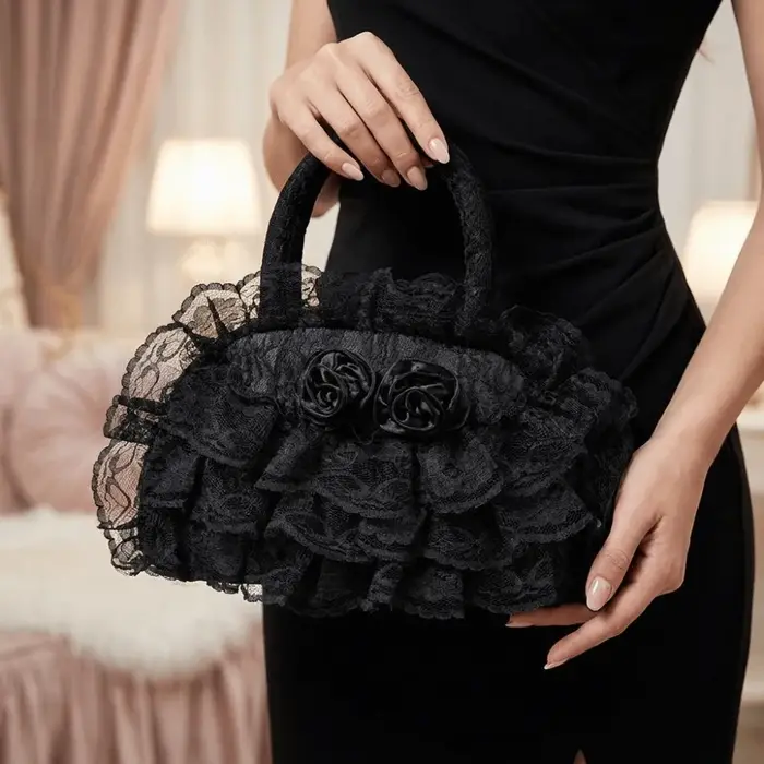 Sac à main en dentelle à volants en polyester, motif rose 3D, sac Lolita multicouche, intérieur spacieux, fermeture éclair, petit sac fourre-tout
