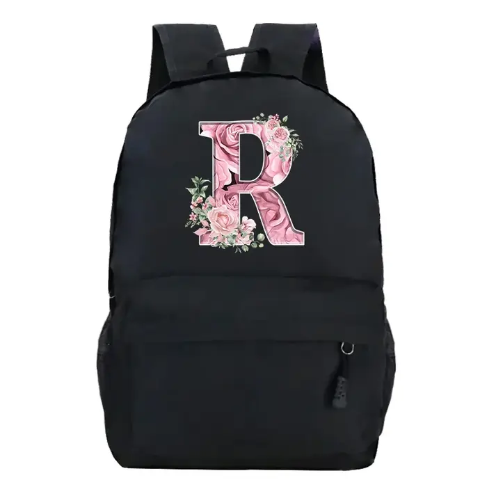 Rose Rose Alphabet sac à dos noir décontracté femmes esthétique sac à dos adolescente garçon fleur lettre sac d'école étudiant Mochilas