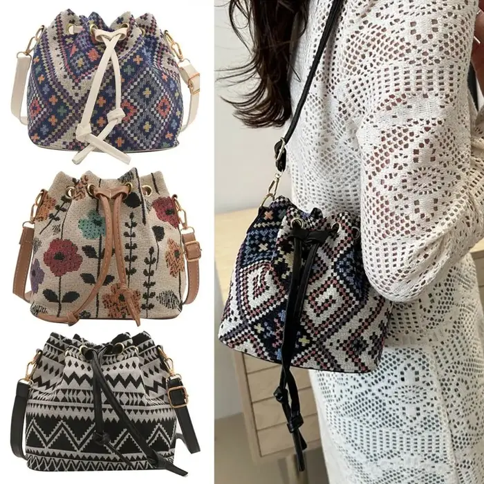 Sac seau en tissu de lin à motif floral