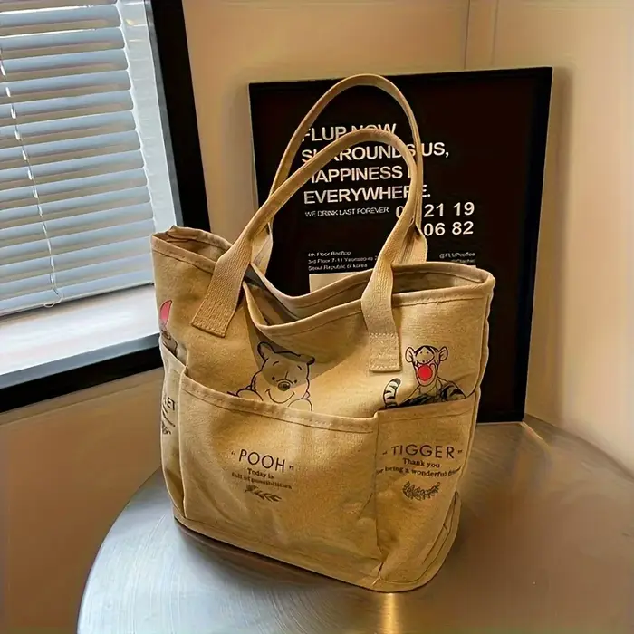 Sac fourre-tout en toile imprimé Winnie l'ourson, sac à bandoulière rétro, grande capacité, multi-po