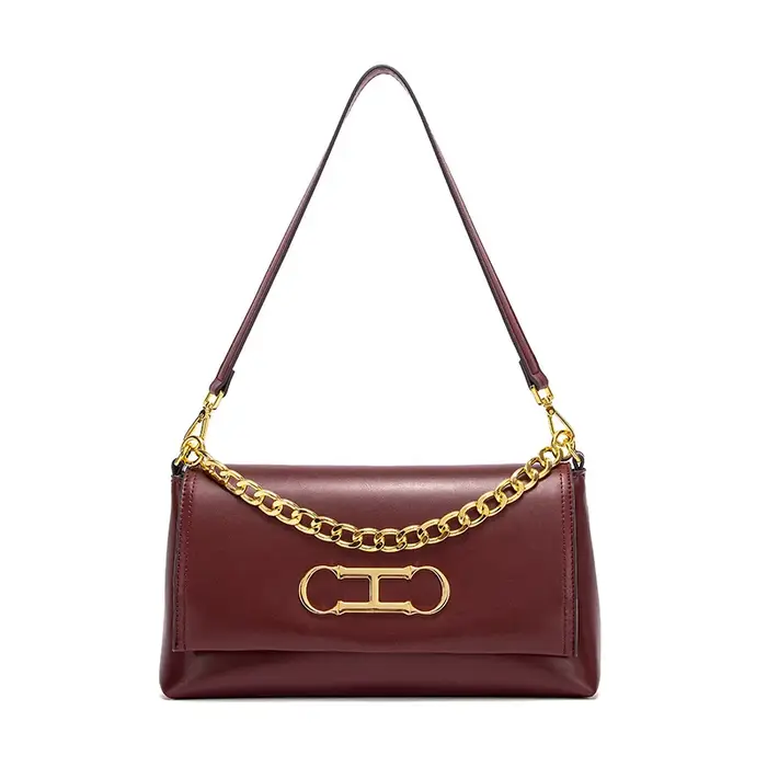 Sac à rabat en cuir de luxe CH, gaufrage premium, chaîne métallique brillante, fermeture éclair liss