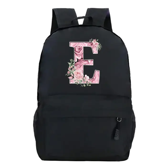 Rose Rose Alphabet sac à dos noir décontracté femmes esthétique sac à dos adolescente garçon fleur lettre sac d'école étudiant Mochilas