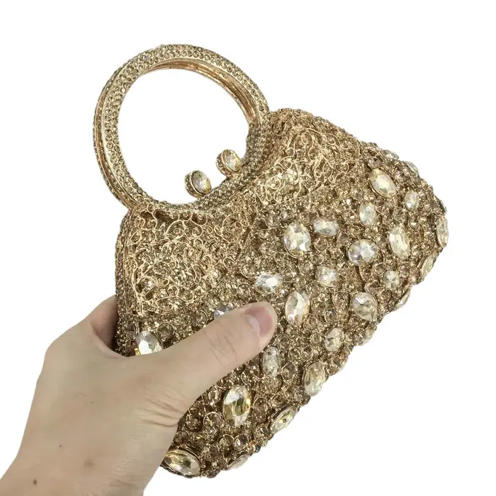 Boutique De FGG femmes sacs à main De soirée dorés poignée supérieure pochettes en cristal fourre-tout en métal