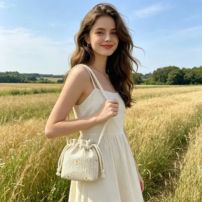 Sac seau mini tressé en herbe fraîche