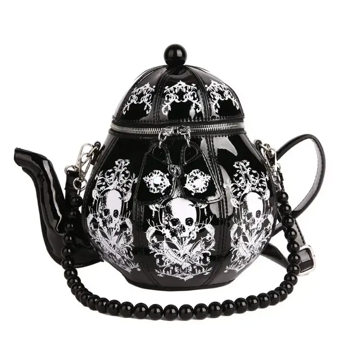 Vintage gothique noir crâne théière forme sac à main femmes perle chaîne Lolita sacs à bandoulière dames Harajuku